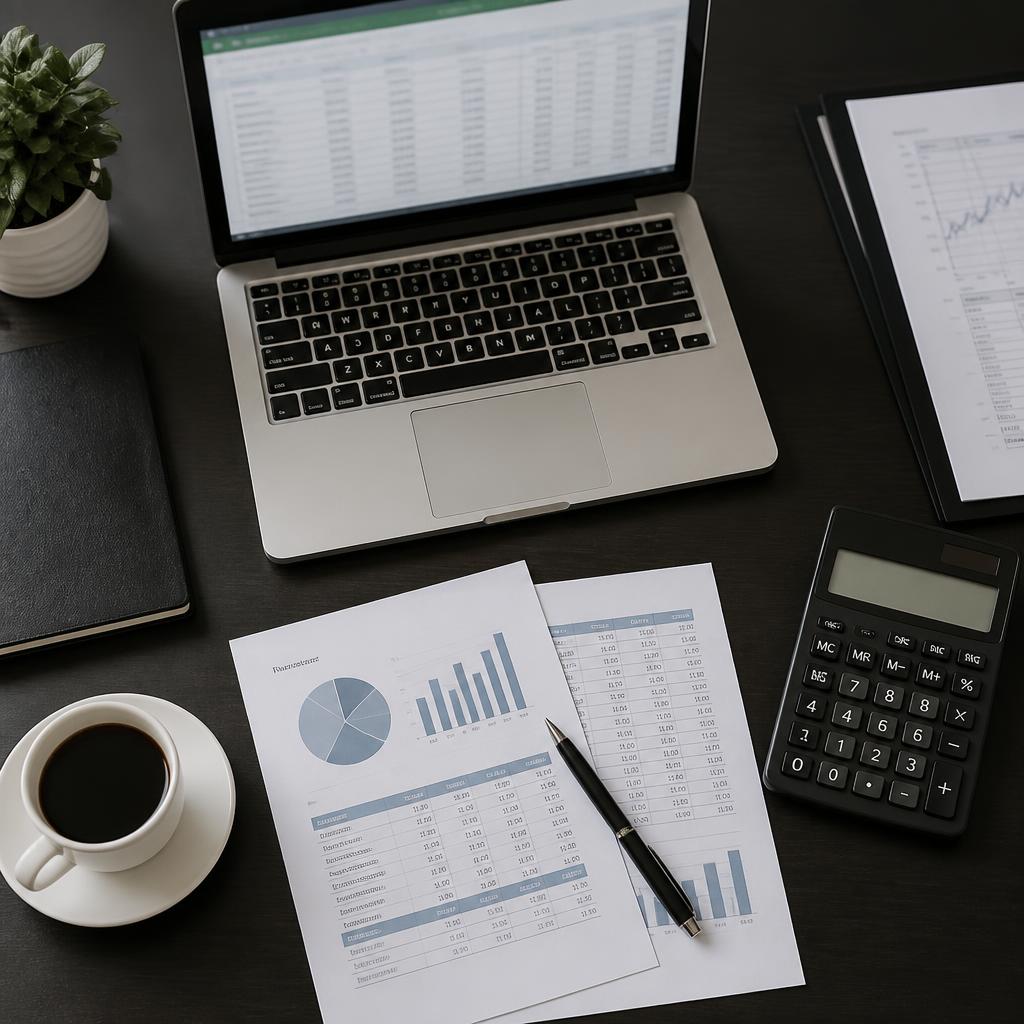 Mesa de trabalho de contabilidade com notebook, calculadora, documentos e café